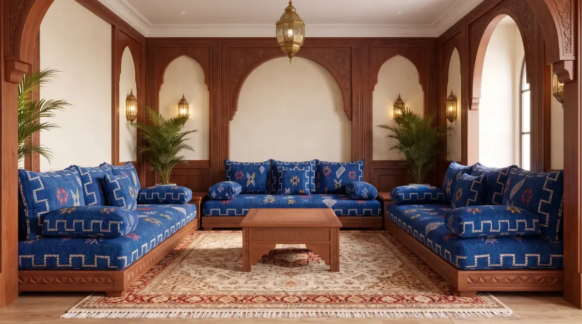 Salon marocain traditionnel bleu cobalt avec arches et tapis rouge