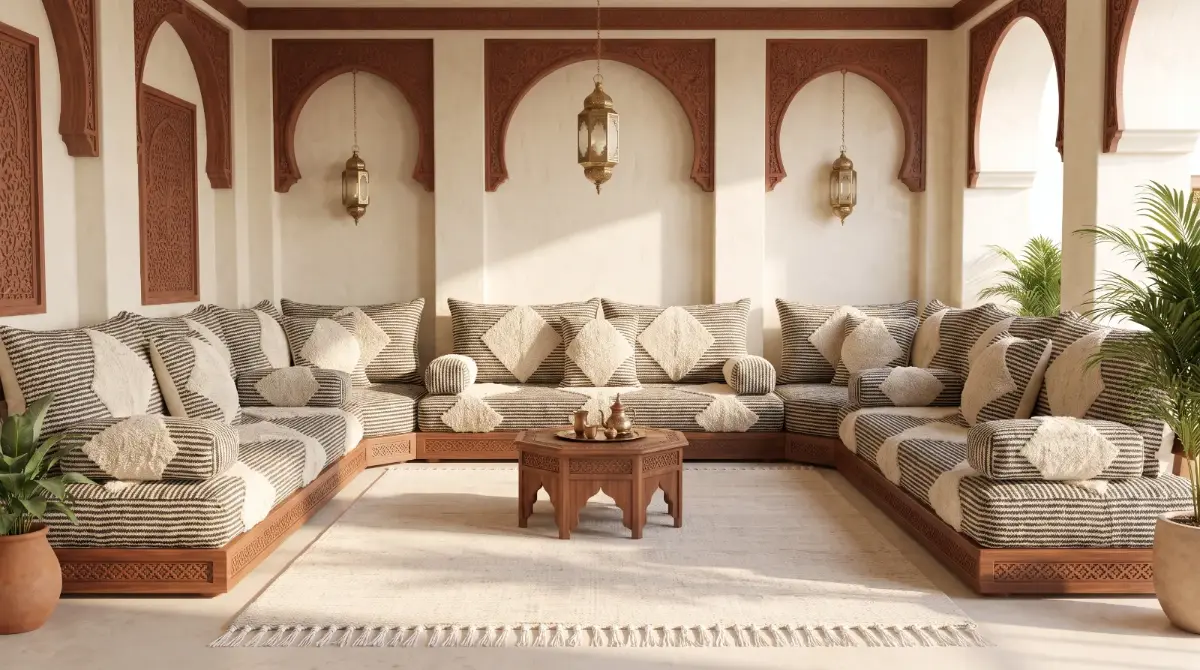 Salon marocain traditionnel aux rayures noir et crème