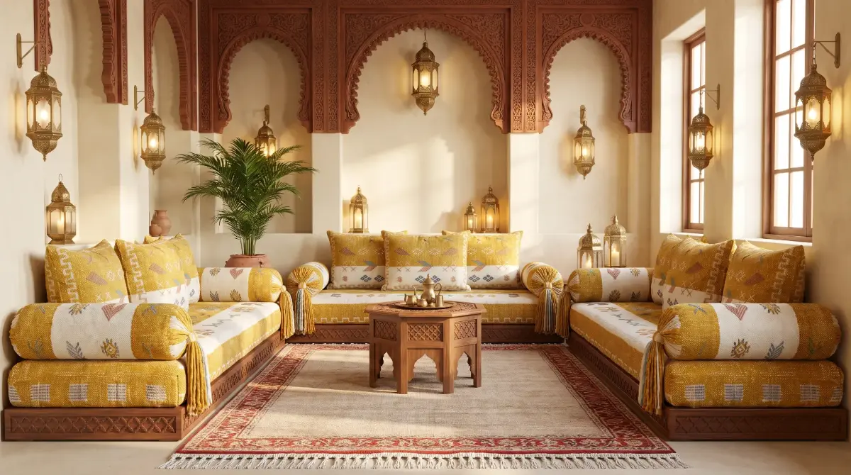 Salon marocain traditionnel ocre et crème