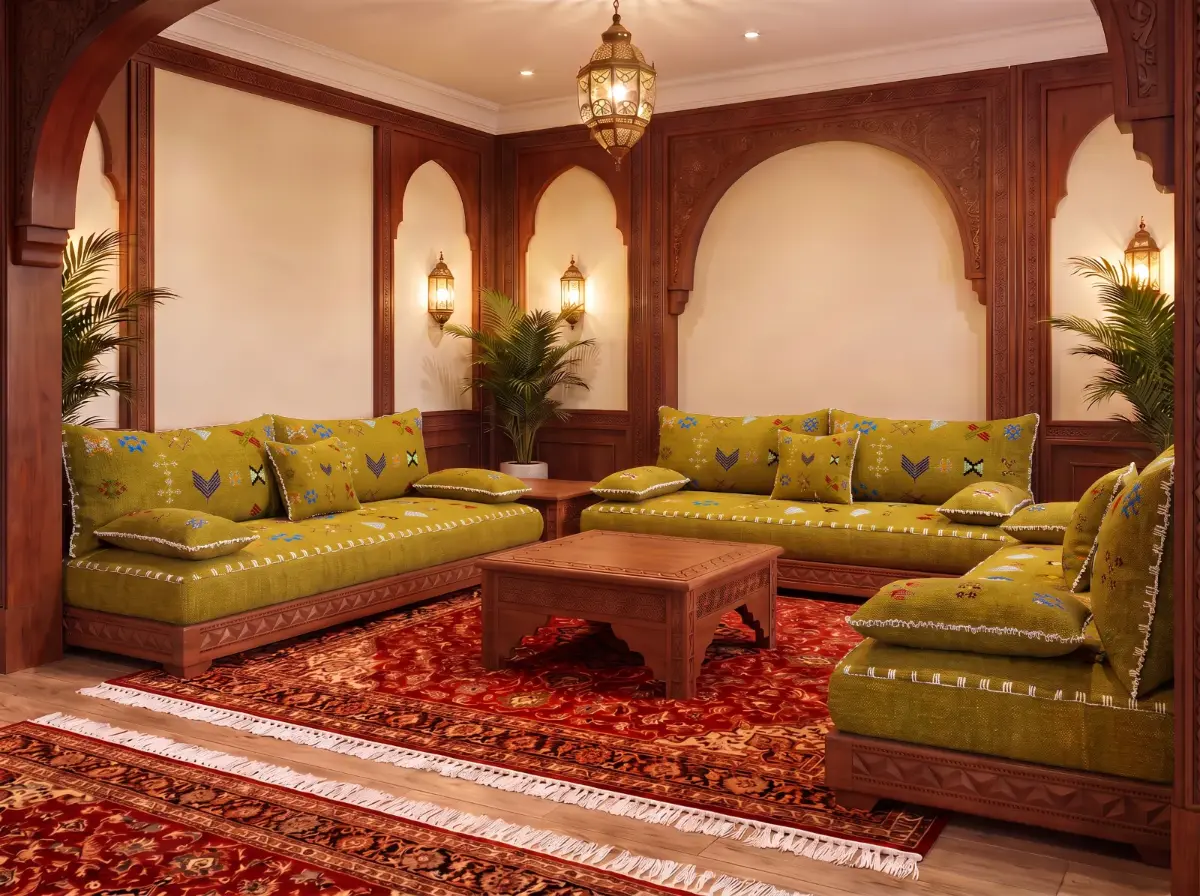 Salon marocain vert olive avec coussins kilim