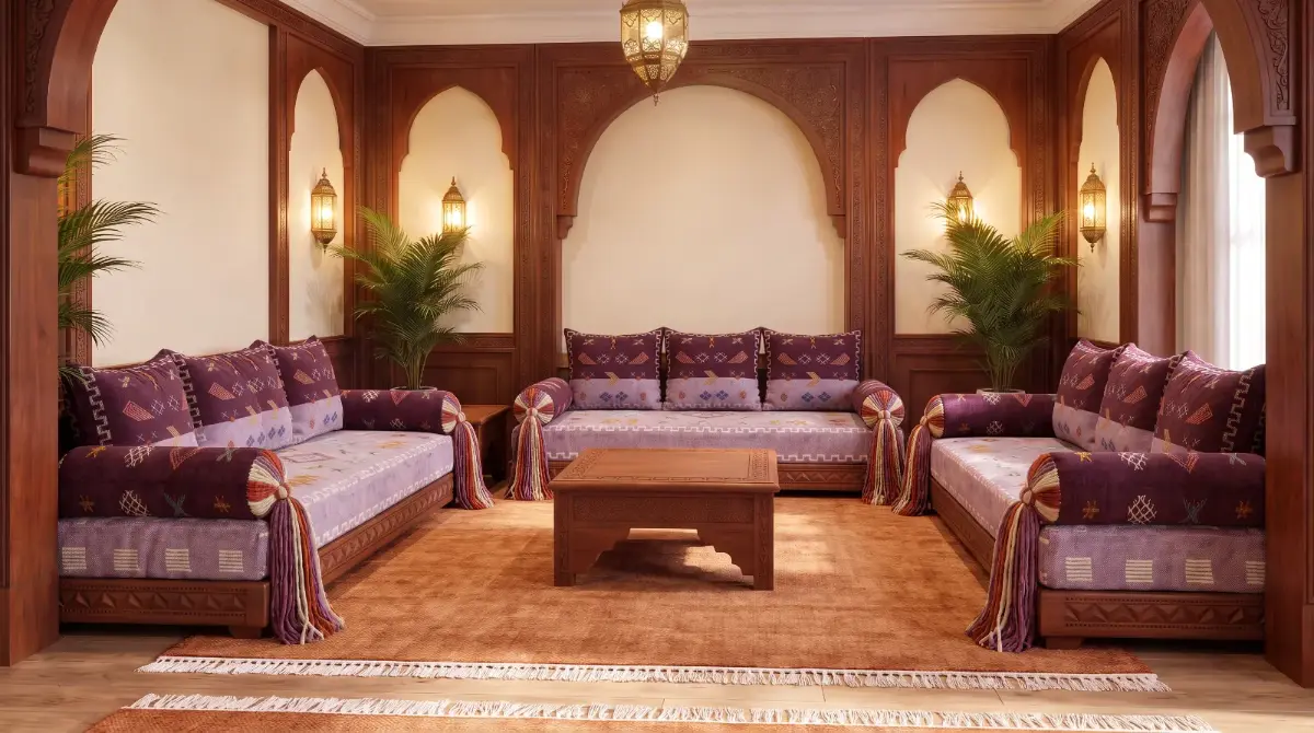 Salon marocain traditionnel prune et lavande