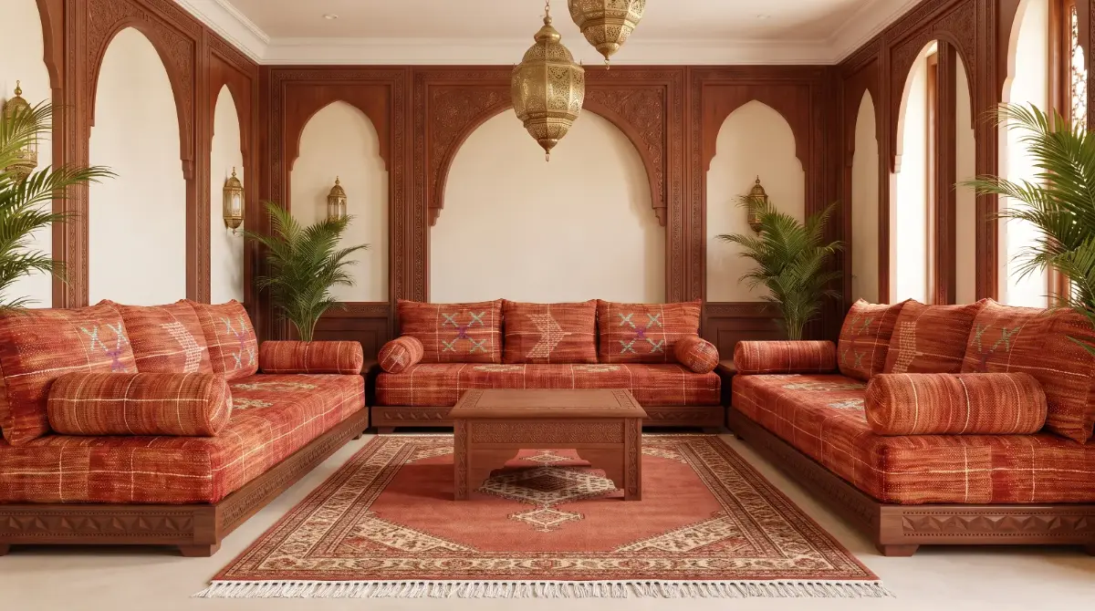 Salon marocain rouille à motifs quadrillés